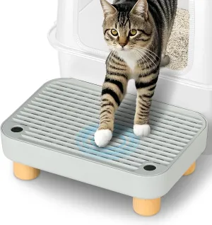Litter Box Step, Litter Box Ramp/Catcher with Wooden Base, Anti-Tracking & Easy to Clean, Ideal for Small & Elderly Cats