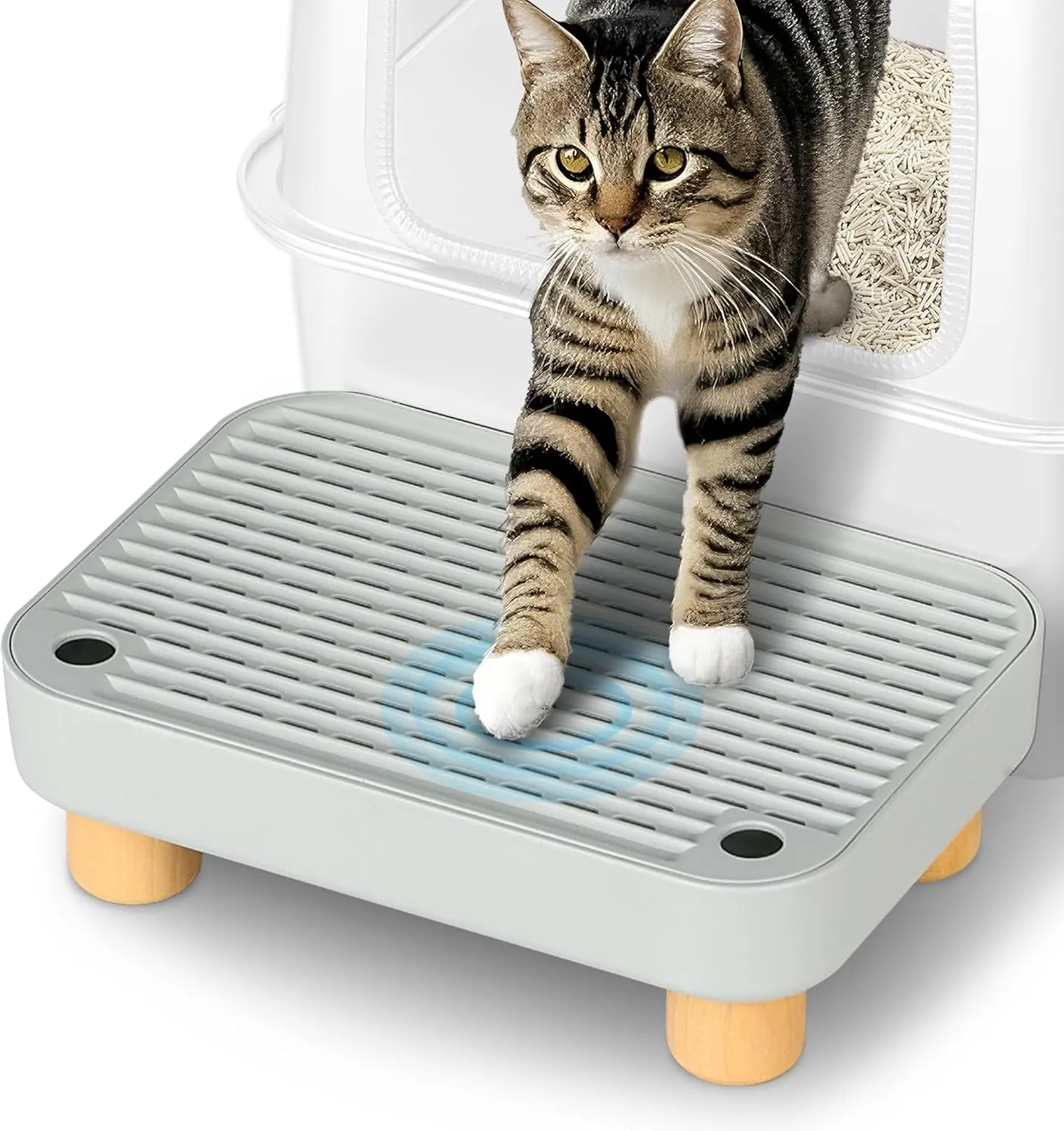 Litter Box Step, Litter Box Ramp/Catcher with Wooden Base, Anti-Tracking & Easy to Clean, Ideal for Small & Elderly Cats