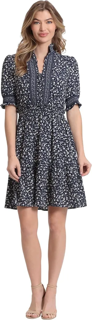 London Times Women's Dress Easy Feminine Versatile Smocked Waist Ruffle Neckline