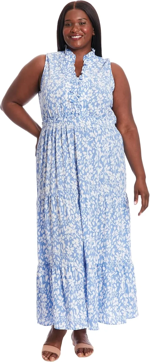 London Times Women's Easy Feminine Versatile Smocked Waist Ruffle Neckline