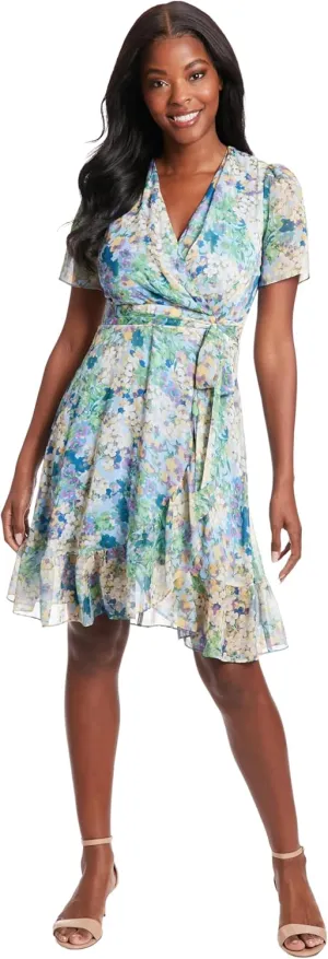 London Times Women's Faux Wrap Dress with Ruffle Skirt Occasion Shower Office Career