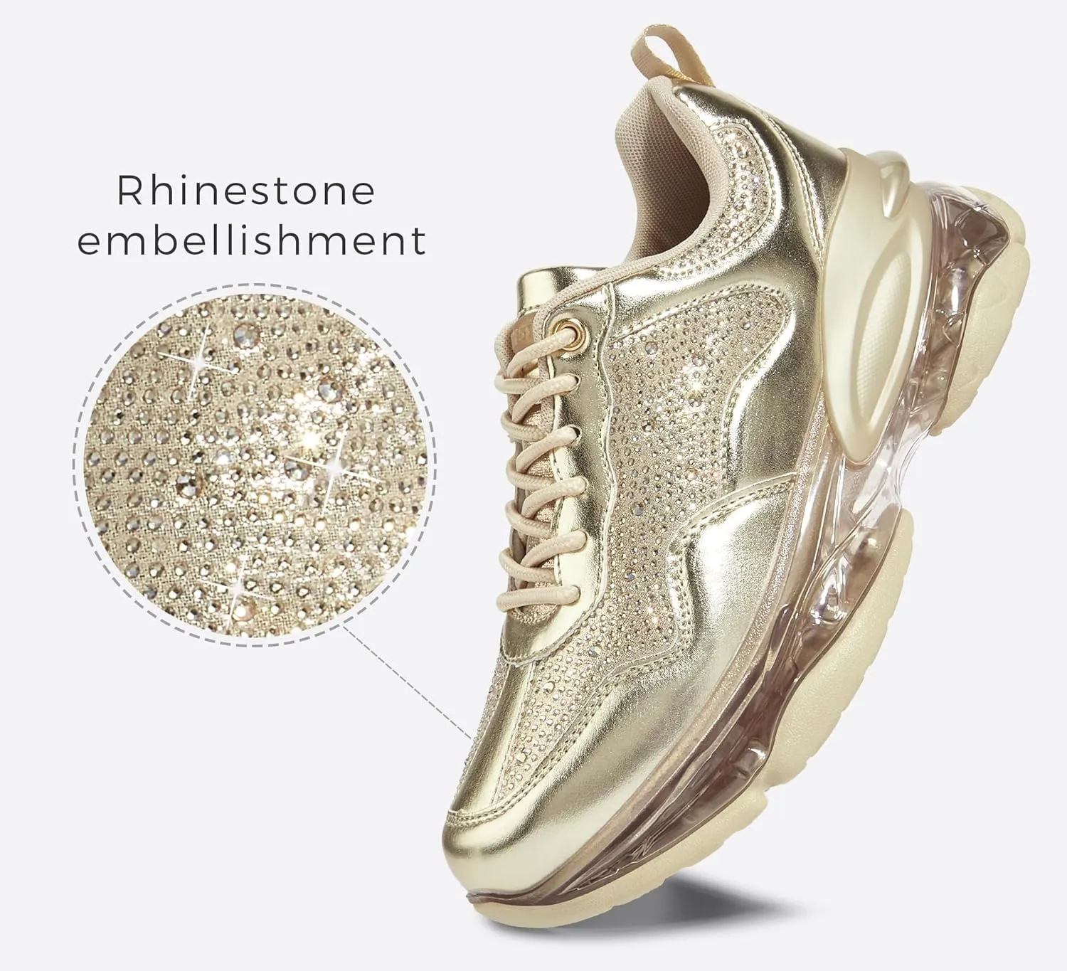 LUCKY STEP Women's Air Cushion Rhinestone Fashion Sneakers Chunky Rave Sparkly Casual Comfortable Walking Shoes