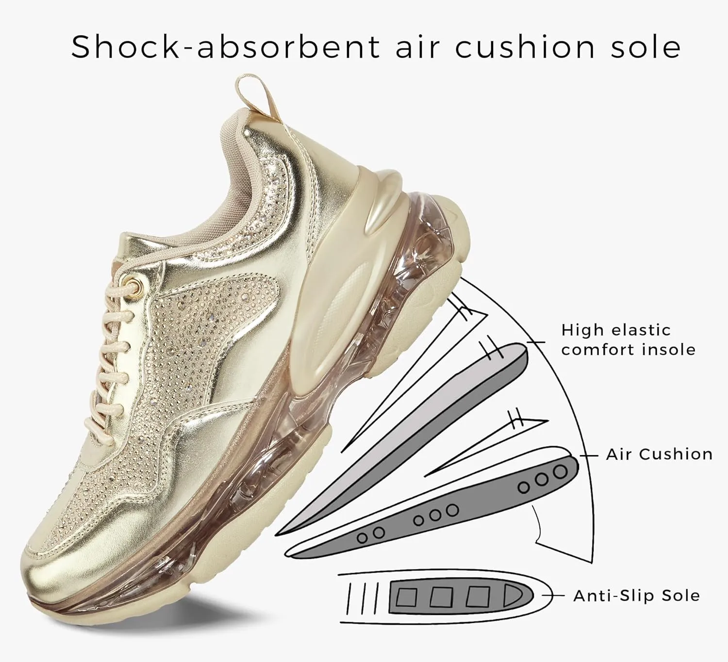 LUCKY STEP Women's Air Cushion Rhinestone Fashion Sneakers Chunky Rave Sparkly Casual Comfortable Walking Shoes