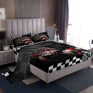 Manfei Extreme Sports Bed Sheet Queen Size Racing Car Sheets Red Off-Road Vehicle Bedding Sets (1 Fitted 1 Flat 2 Pillowcases) Luxury Deep Pocket Bed Sheets