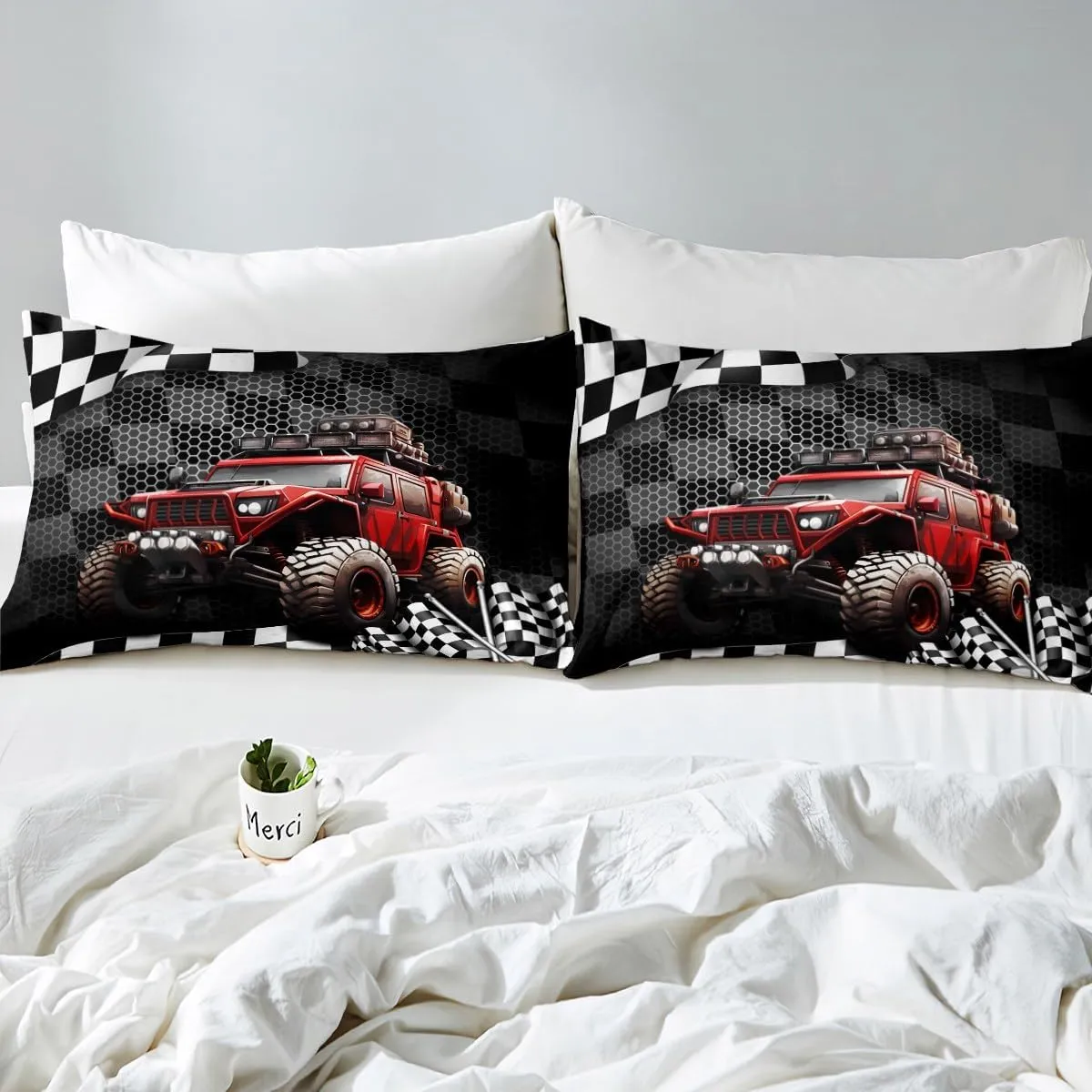 Manfei Extreme Sports Bed Sheet Queen Size Racing Car Sheets Red Off-Road Vehicle Bedding Sets (1 Fitted 1 Flat 2 Pillowcases) Luxury Deep Pocket Bed Sheets