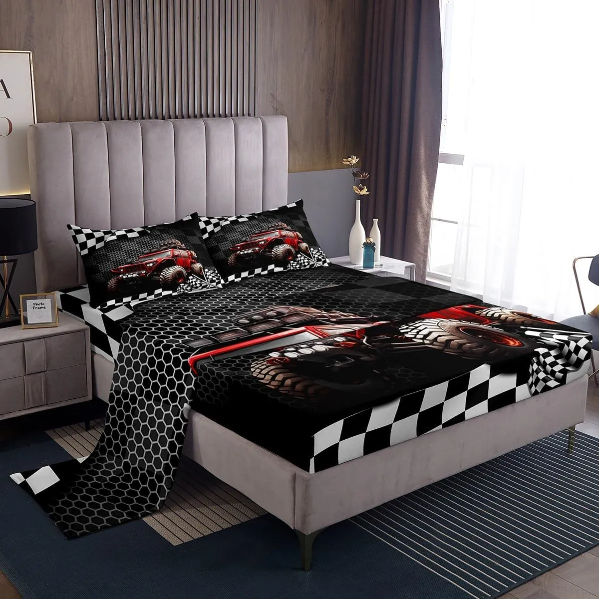 Manfei Extreme Sports Bed Sheet Queen Size Racing Car Sheets Red Off-Road Vehicle Bedding Sets (1 Fitted 1 Flat 2 Pillowcases) Luxury Deep Pocket Bed Sheets