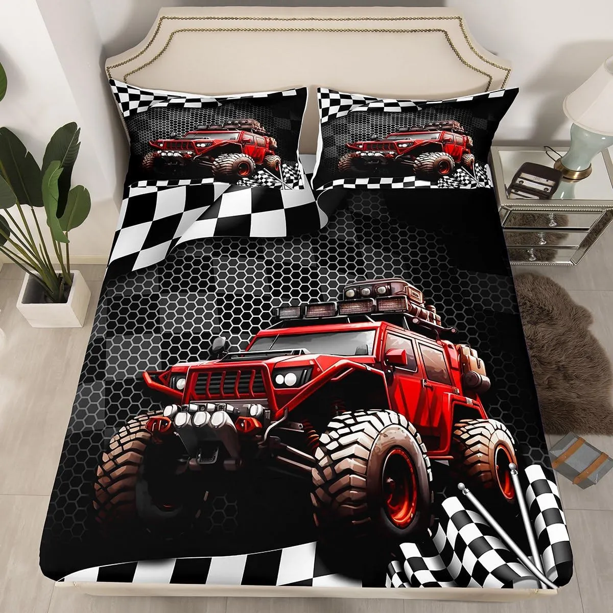Manfei Extreme Sports Bed Sheet Queen Size Racing Car Sheets Red Off-Road Vehicle Bedding Sets (1 Fitted 1 Flat 2 Pillowcases) Luxury Deep Pocket Bed Sheets
