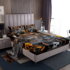Manfei Western Sheet Set Twin Size, Cowboy Boots Bull Skull Bedding Set, Yellow Sunflower Vintage Wooden Barn Door Bed Sheet Set 3pcs with Fitted, Flat and 1 Pillowcase, Kids Boys Girls Room Decor