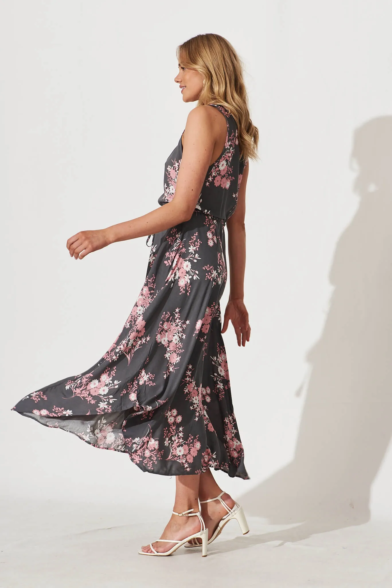 Mayfield Maxi Dress In Khaki With Pink Floral
