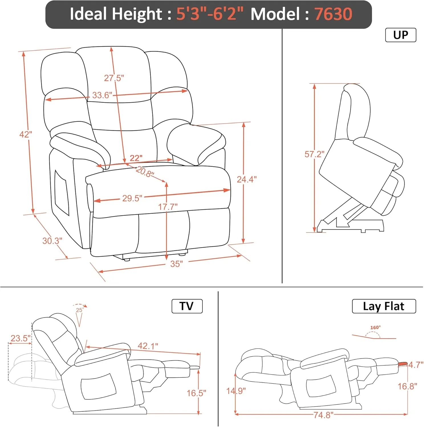 MCombo Lay Flat Dual Motor Power Lift Recliner Chair Sofa with Adjustable Headrest for Elderly People, Infinite Position, Fabric 7630 (Medium, Grey)