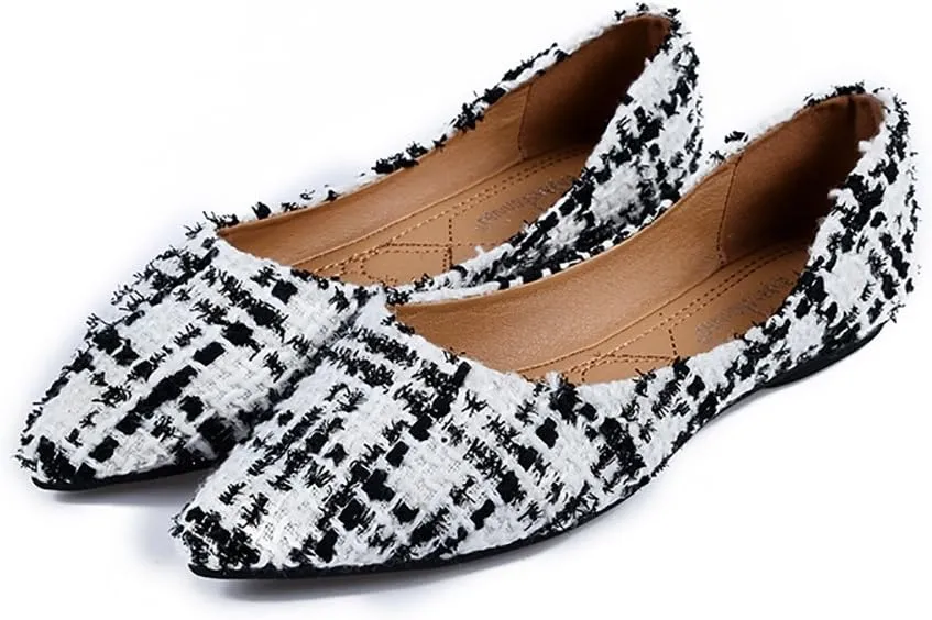 Meeshine Womens Classic Pointy Toe Ballet Flats Slip On Plaid Dress Flat Shoes
