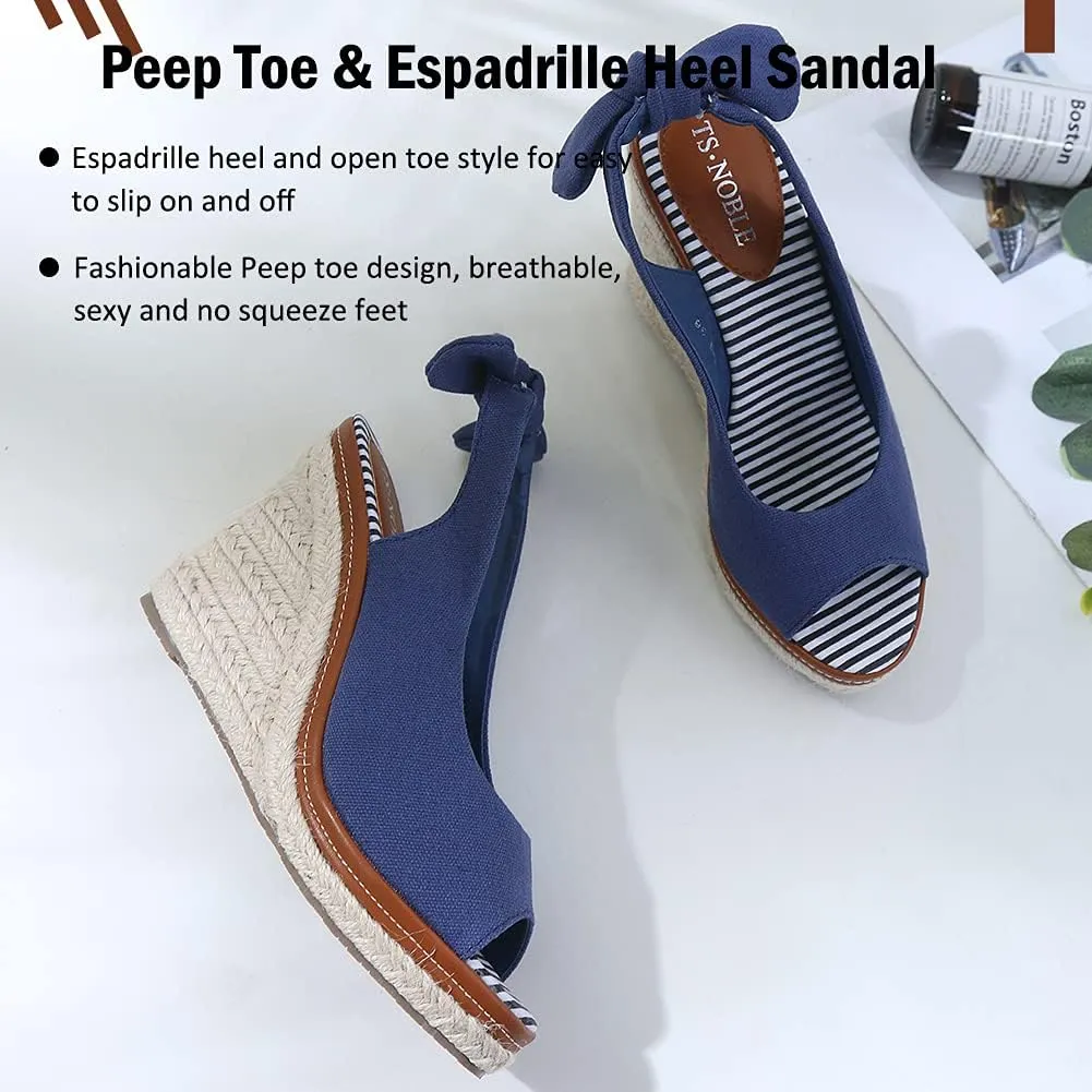 Mei MACLEOD Women's Wedge Sandals Platform Heel Espadrille Sandals Peep Toe Tied Slingback Strap Summer Sandals for Party Vacation