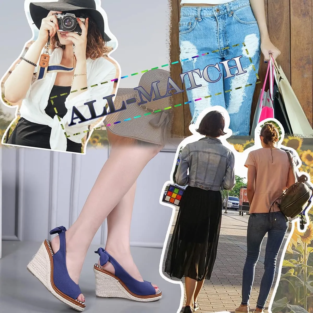 Mei MACLEOD Women's Wedge Sandals Platform Heel Espadrille Sandals Peep Toe Tied Slingback Strap Summer Sandals for Party Vacation
