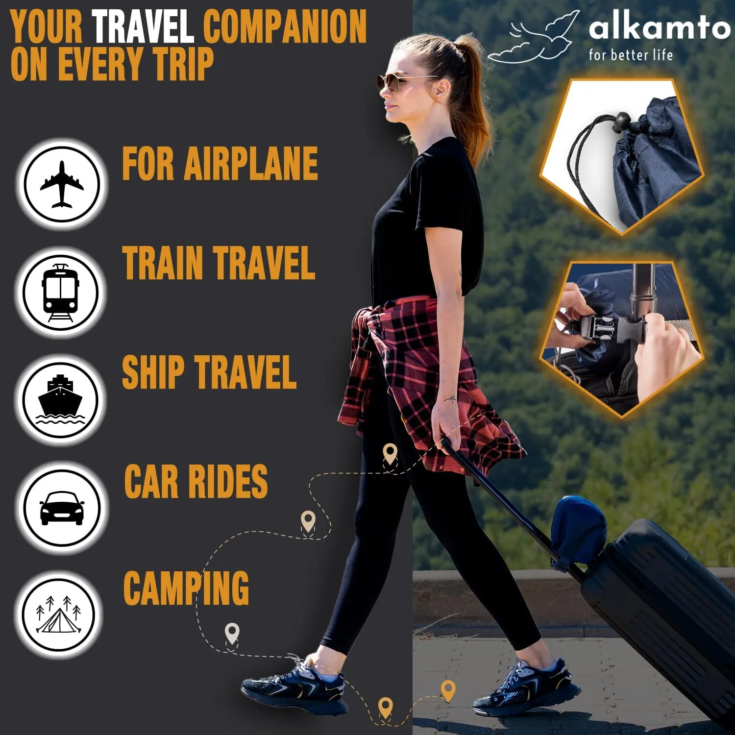 Memory Foam Pillow for Travel and Camping with Extra Cotton Cover – Easy to Carry Portable Bag (White)