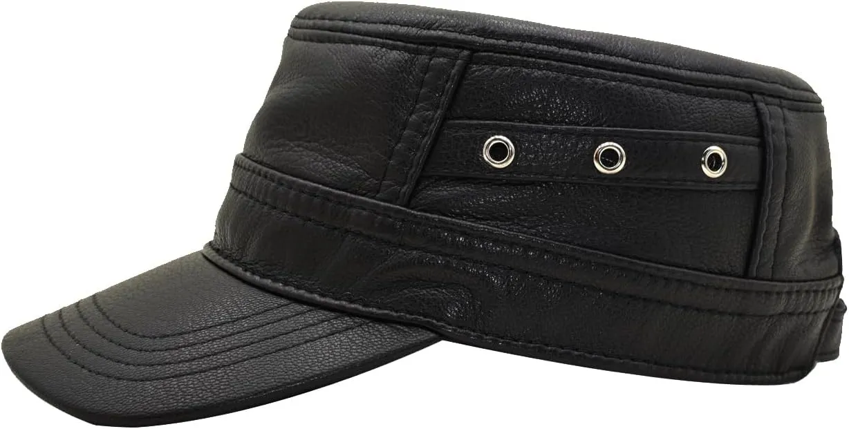 Men's Leather Army Cap Cadet Hat Trucker Dad Hat Military Flat Top Adjustable Baseball Cap