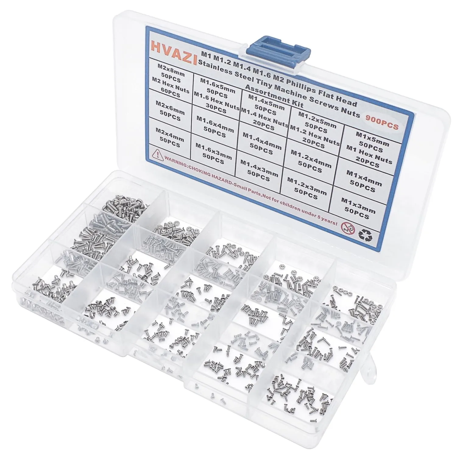 Metric 900PCS Metric M1 M1.2 M1.4 M1.6 M2 Phillips Countersunk/Flat Head Stainless Steel Tiny Machine Screws Nuts Assortment Kit