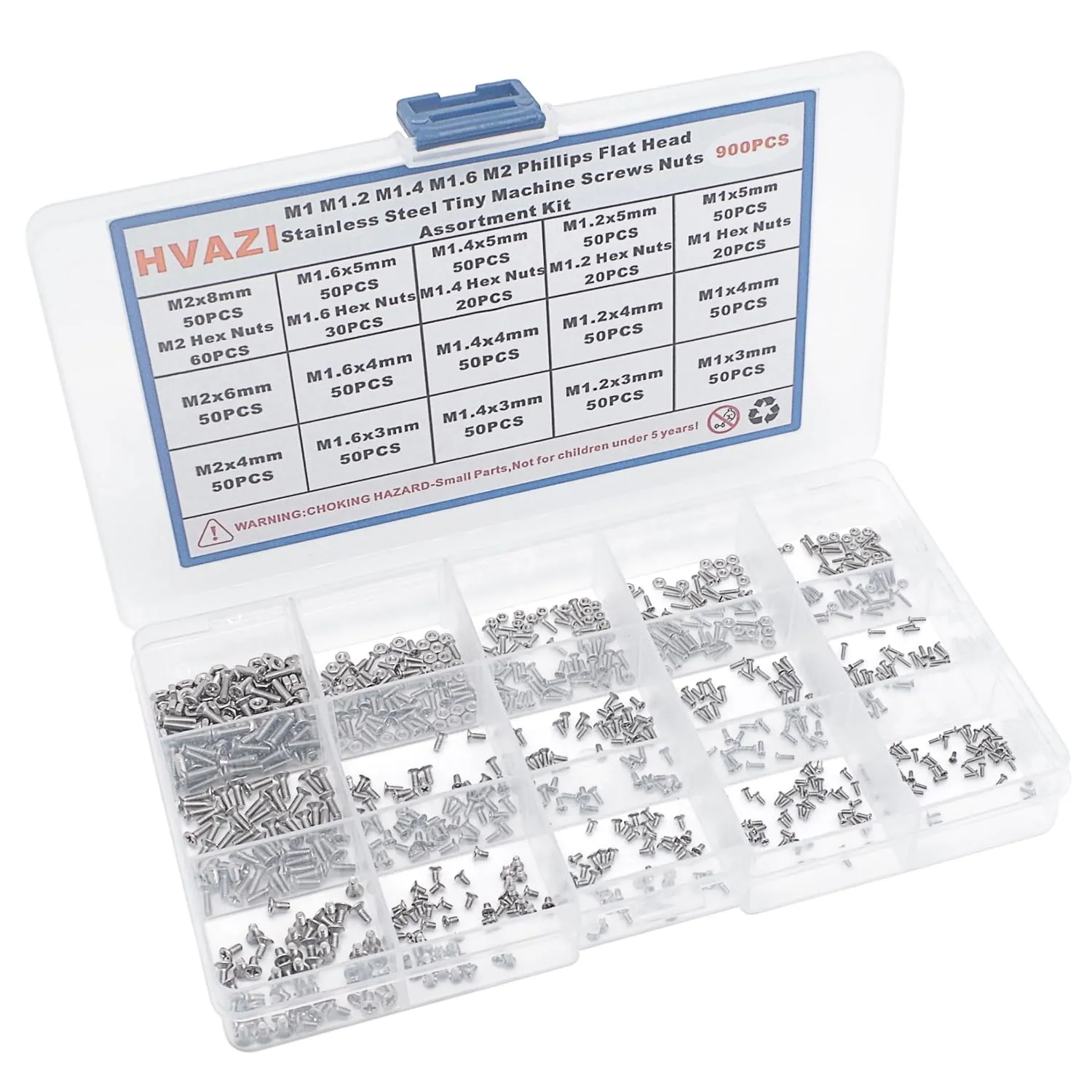 Metric 900PCS Metric M1 M1.2 M1.4 M1.6 M2 Phillips Countersunk/Flat Head Stainless Steel Tiny Machine Screws Nuts Assortment Kit