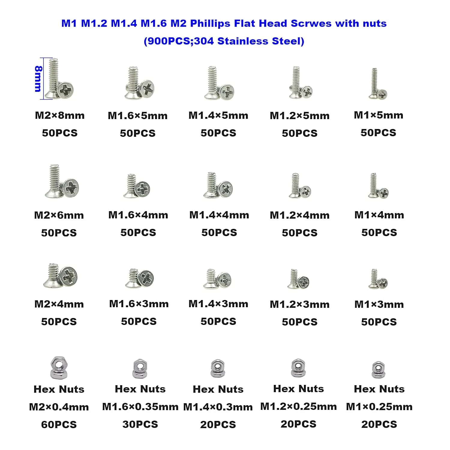 Metric 900PCS Metric M1 M1.2 M1.4 M1.6 M2 Phillips Countersunk/Flat Head Stainless Steel Tiny Machine Screws Nuts Assortment Kit