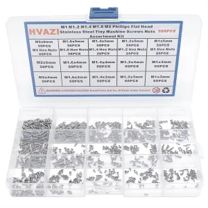 Metric 900PCS Metric M1 M1.2 M1.4 M1.6 M2 Phillips Countersunk/Flat Head Stainless Steel Tiny Machine Screws Nuts Assortment Kit