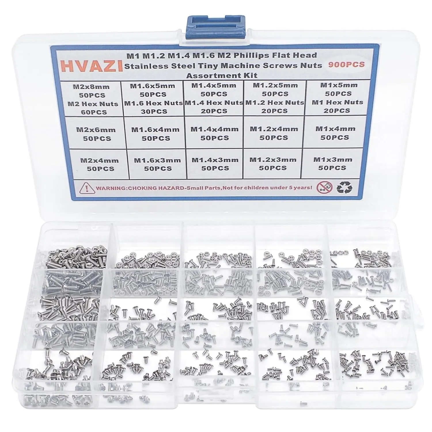 Metric 900PCS Metric M1 M1.2 M1.4 M1.6 M2 Phillips Countersunk/Flat Head Stainless Steel Tiny Machine Screws Nuts Assortment Kit