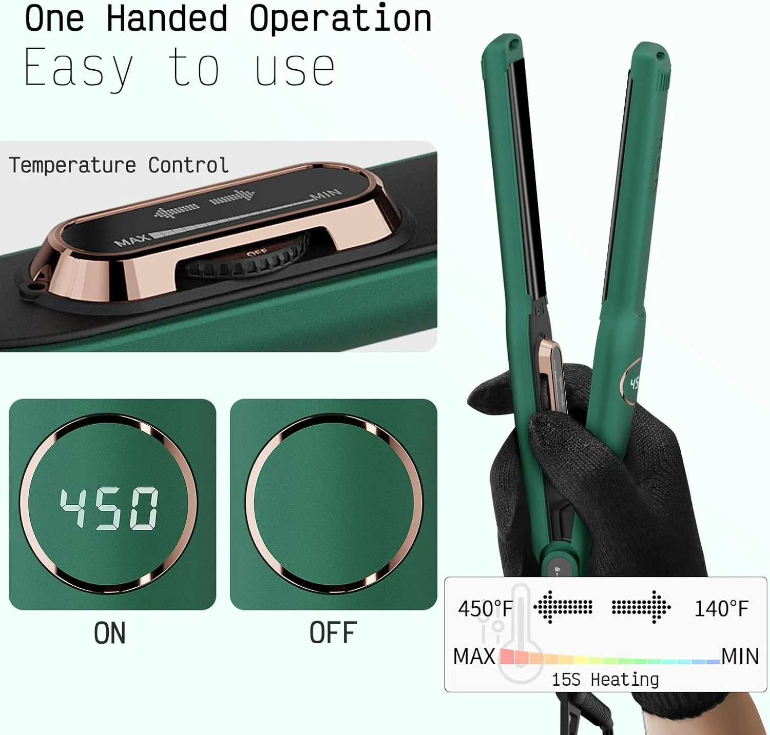 Mini 1/2 inch Flat Iron LED Display Tourmaline Titanium Ceramic Plate 4D 360°Swivel Small Hair Straightener for Woman Short Hair Adjustable Temperature Dual Voltage Auto Shut Off (Green, 0.5 Inch)
