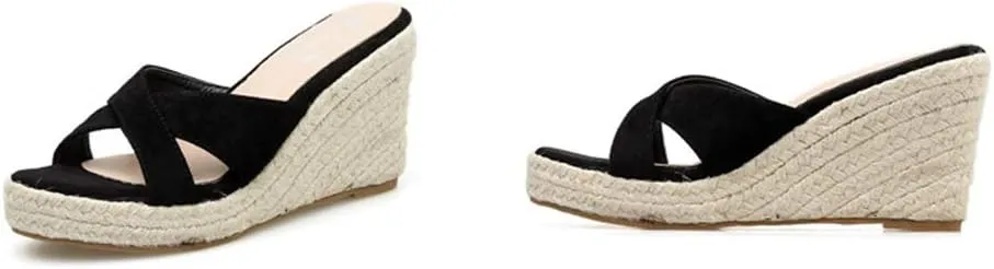 MIOKE Women's Espadrille Wedge Sandals Crisscross Open Toe Suede Slip On Casual Chunky Platform Sandal