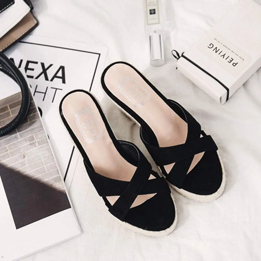 MIOKE Women's Espadrille Wedge Sandals Crisscross Open Toe Suede Slip On Casual Chunky Platform Sandal