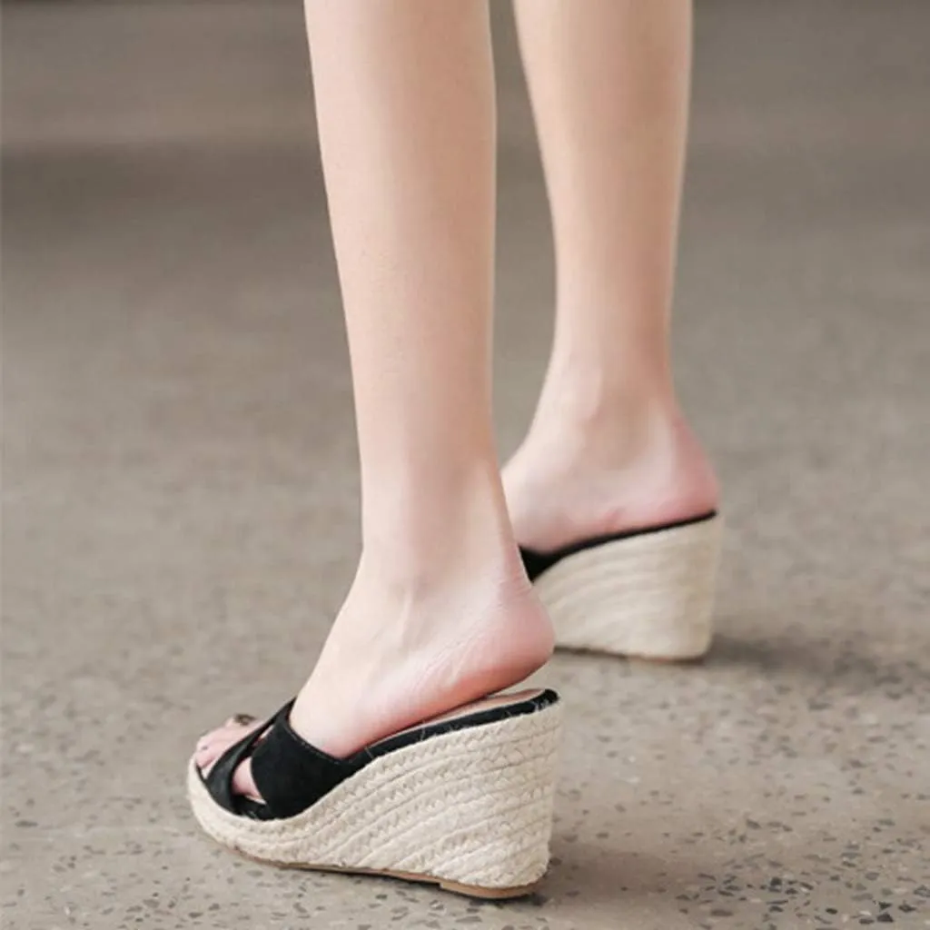 MIOKE Women's Espadrille Wedge Sandals Crisscross Open Toe Suede Slip On Casual Chunky Platform Sandal