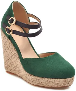 MIOKE Women's Espadrille Wedge Sandals Round Toe Buckle Ankle Strap Platform Chunky High Heel Dress Shoes