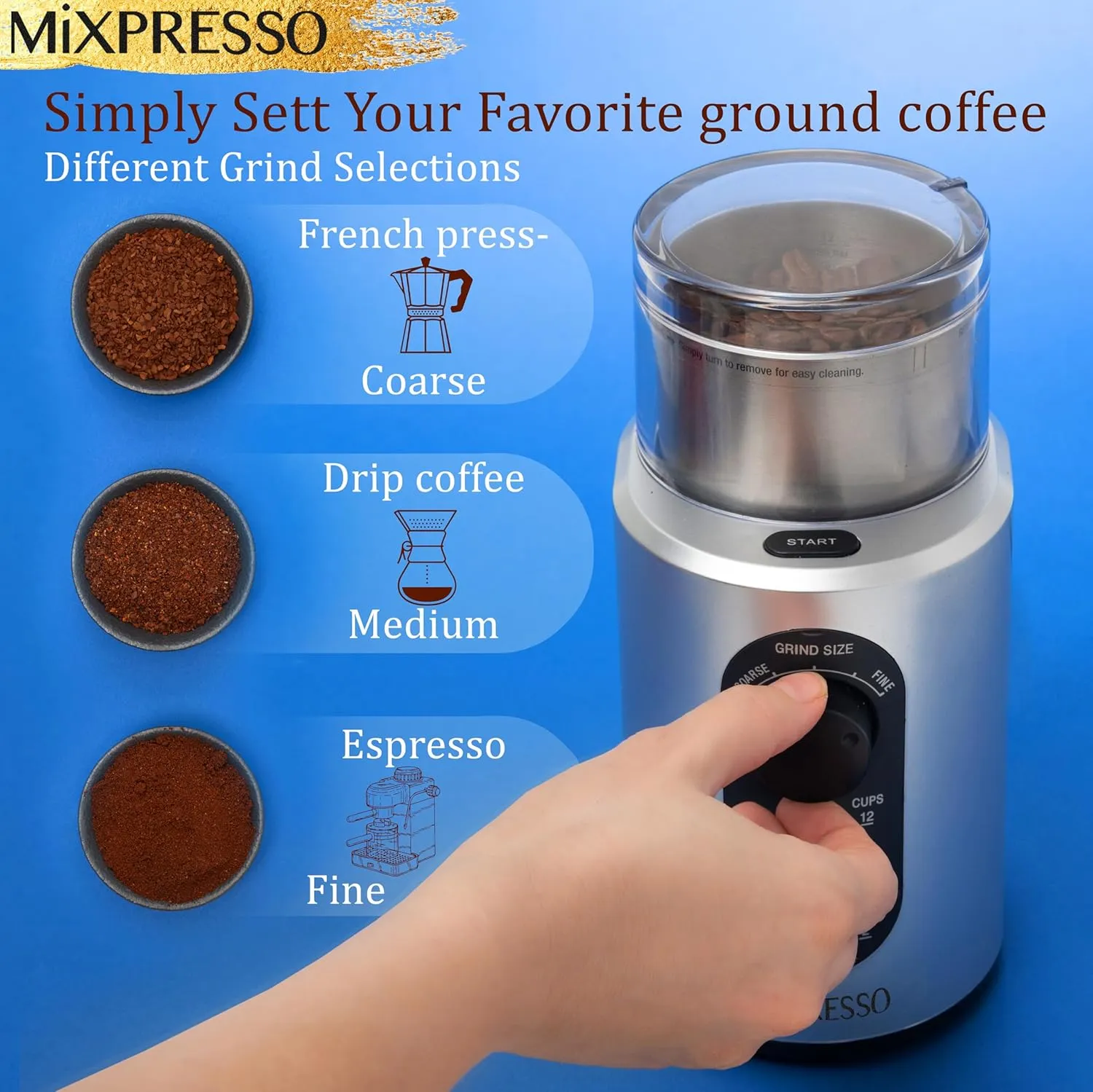 Mixpresso Electric Coffee Grinder 12 Cup Capacity, 304 Stainless Steel Blade, Espresso Bean Grinder, Removable Chamber, Coffee Grinder Electric with 5 Presets For Spices & More
