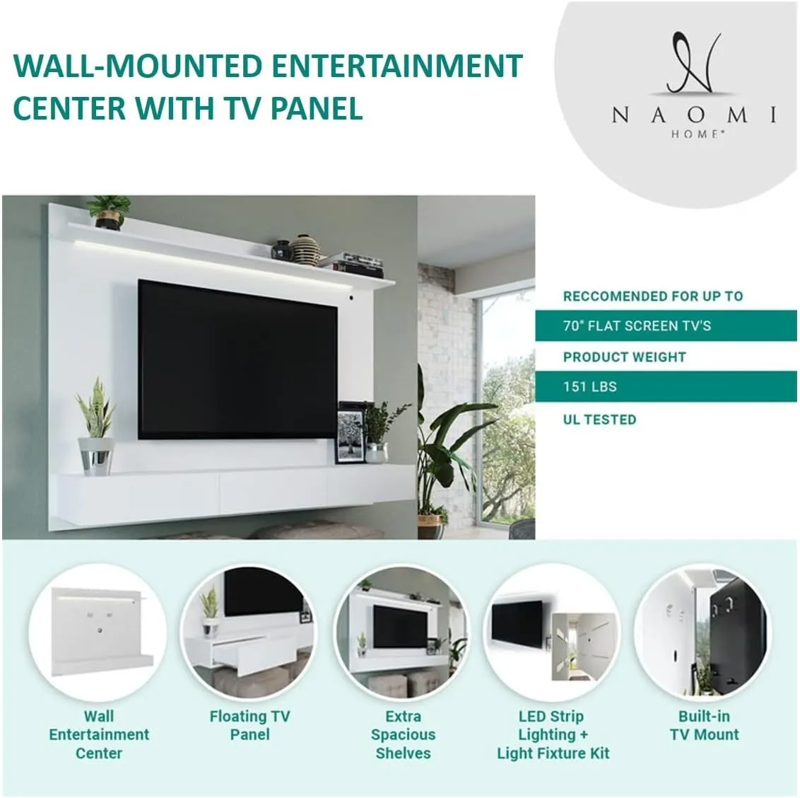 Modern Freestanding Floating Entertainment Center Floating TV Stand Wall Mounted TV Wall Panel for 75 inch TVs Home Theater with LED Strip Pull - Out Drawers and Overhead Shelf White