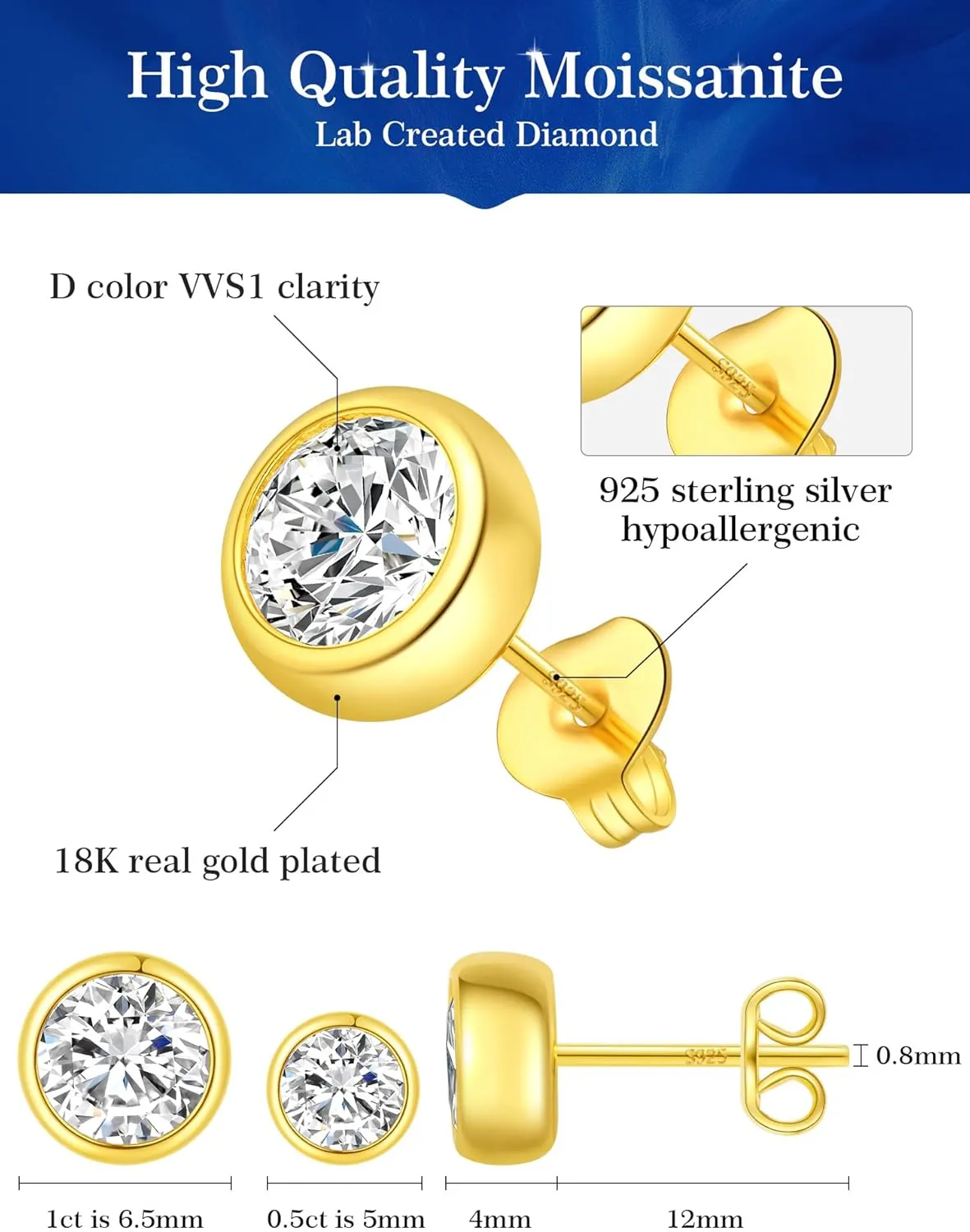 Moissanite Diamond Stud Earrings, 1-2 Carat D Color VVS1 Clarity, Hypoallergenic 925 Sterling Silver with 18K Gold Plating, for Women & Men, Professional Lab Created, GRA Certified Luxury Jewelry Gift