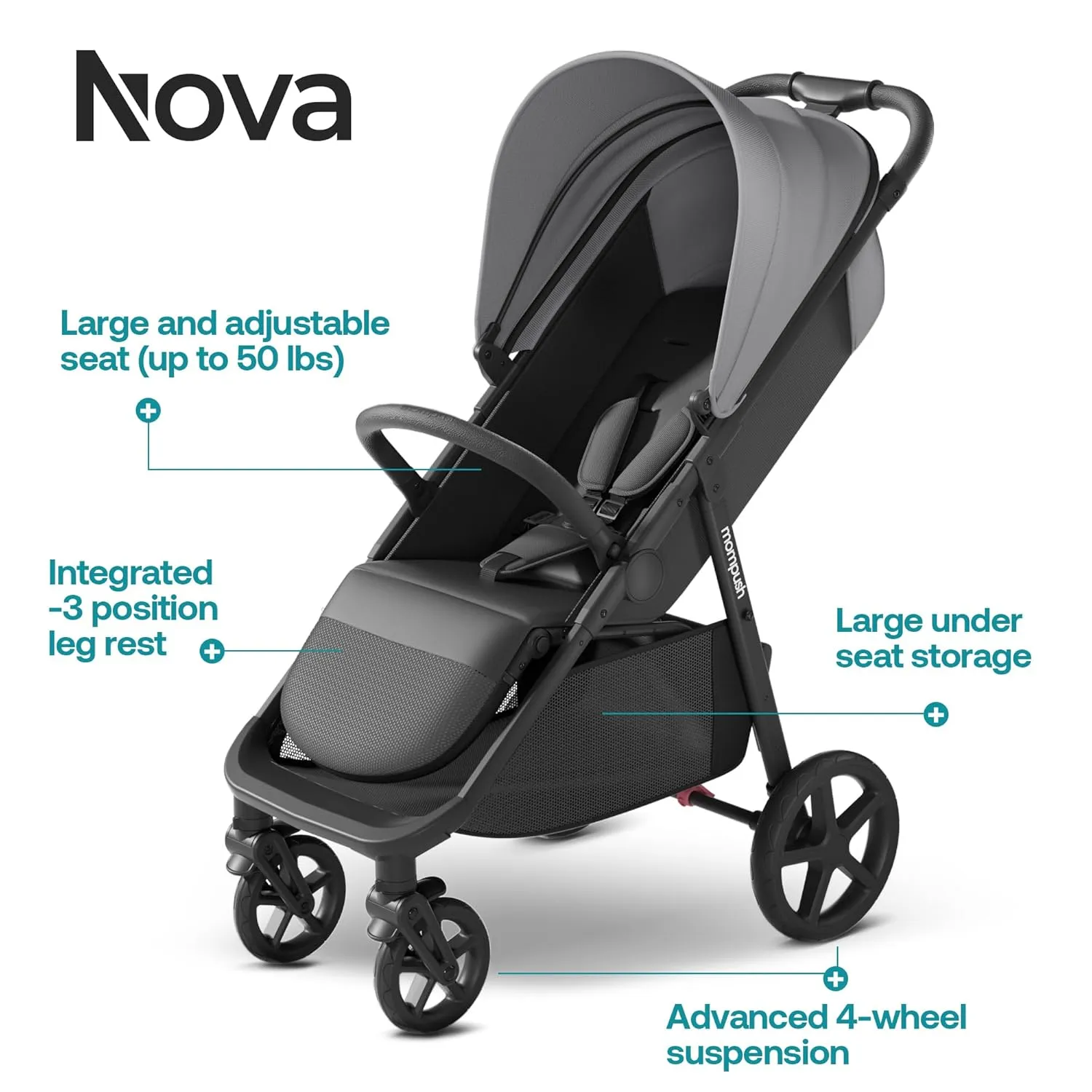 Mompush Nova Baby Stroller, Spacious Seat & Lie-Flat Mode, Infant Stroller with Large UPF 50  Canopy, Compact Folding with One Hand, Suit for Birth to 50 LB