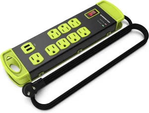 Monster Workshop Heavy-Duty Garage Power Strip Surge Protector - Mountable Heavy-Duty Wide-Spaced 8 Grounded AC & 2 USB-A Outlets with 14ft Angled Flat Plug - 1200 Joules - ETL Listed Black