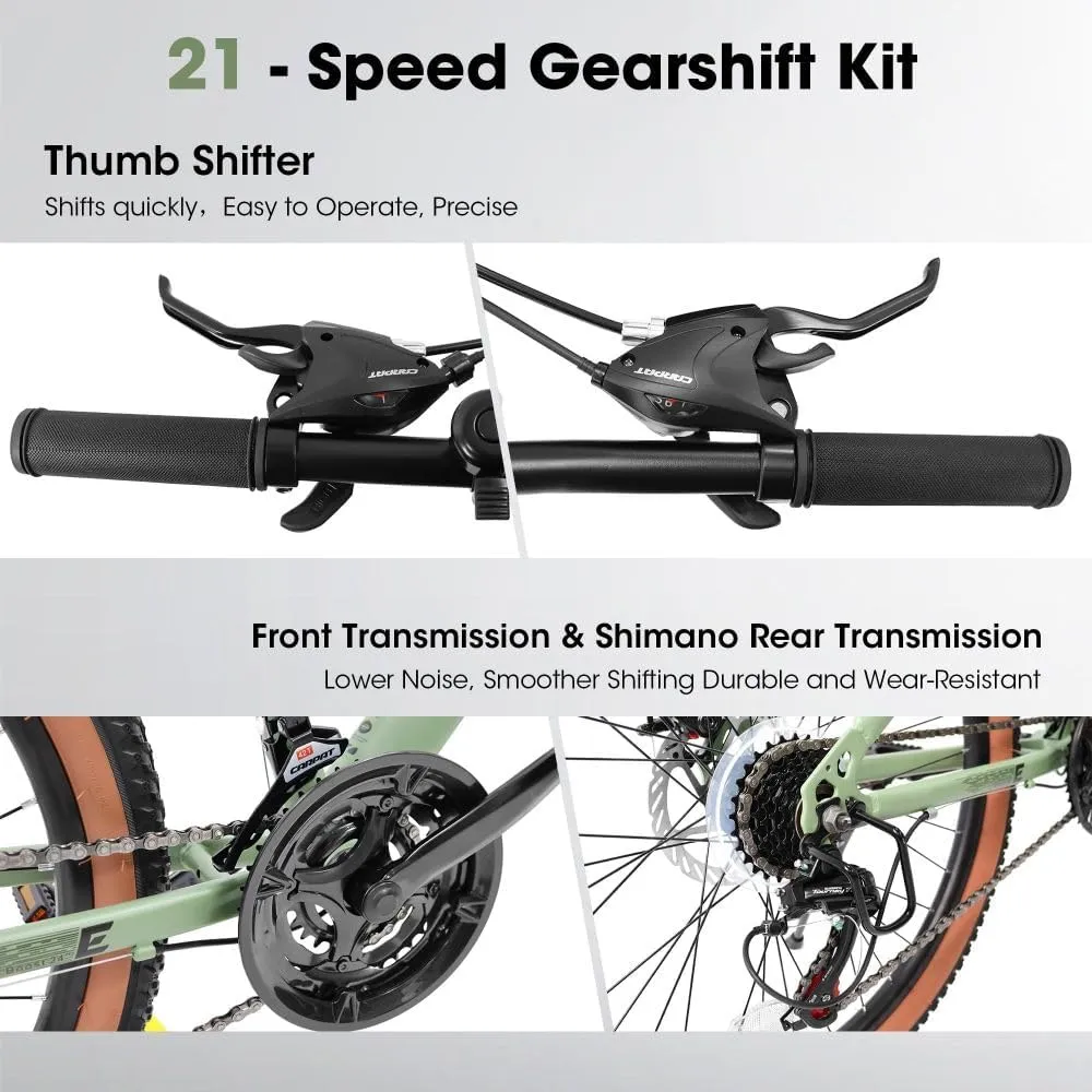 Mountain Bike 24 Inch Wheels, 21-Speed Mens Womens Trail Commuter City Mountain Bike,High Carbon Steel Frame Disc Brakes Thumb Shifter Front Fork Bicycles