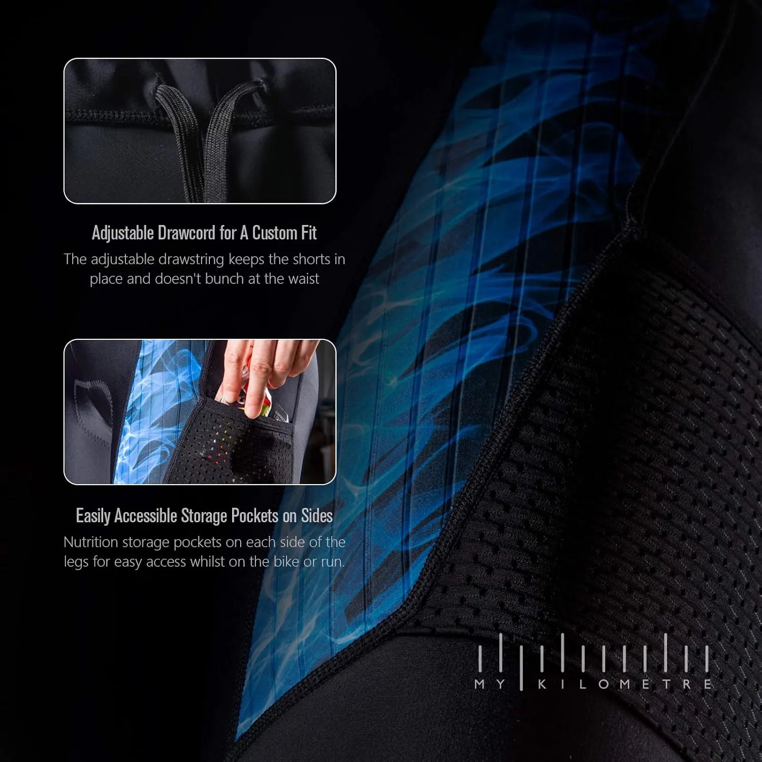 MY KILOMETRE Mens Triathlon Shorts with Adjustable Drawstring Easy Reach Leg Pockets Chamois for Long-Distance Tri Race