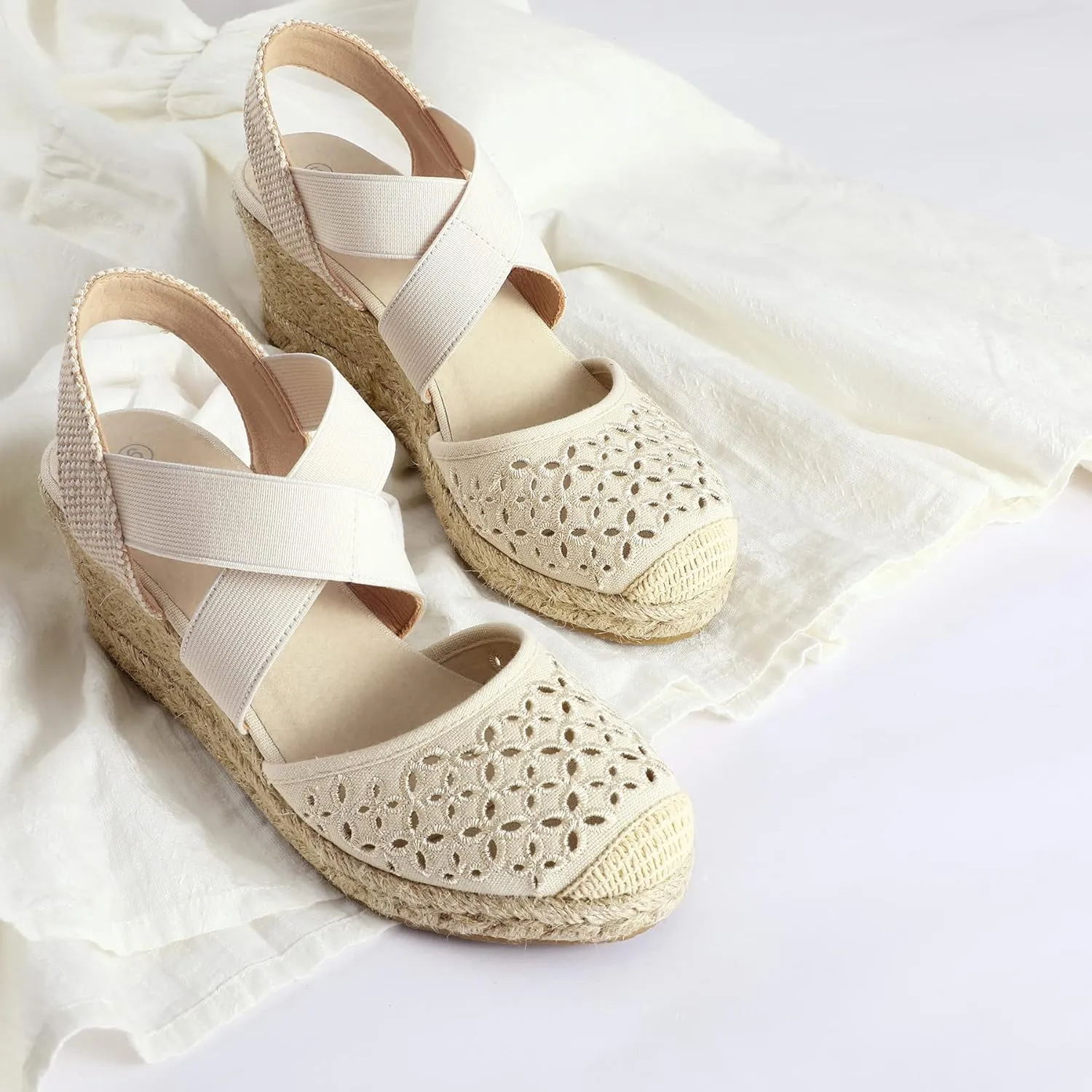 mysoft Women's Closed Toe Crisscross Elastic Ankle Strap Platform Espadrille Wedge Sandals