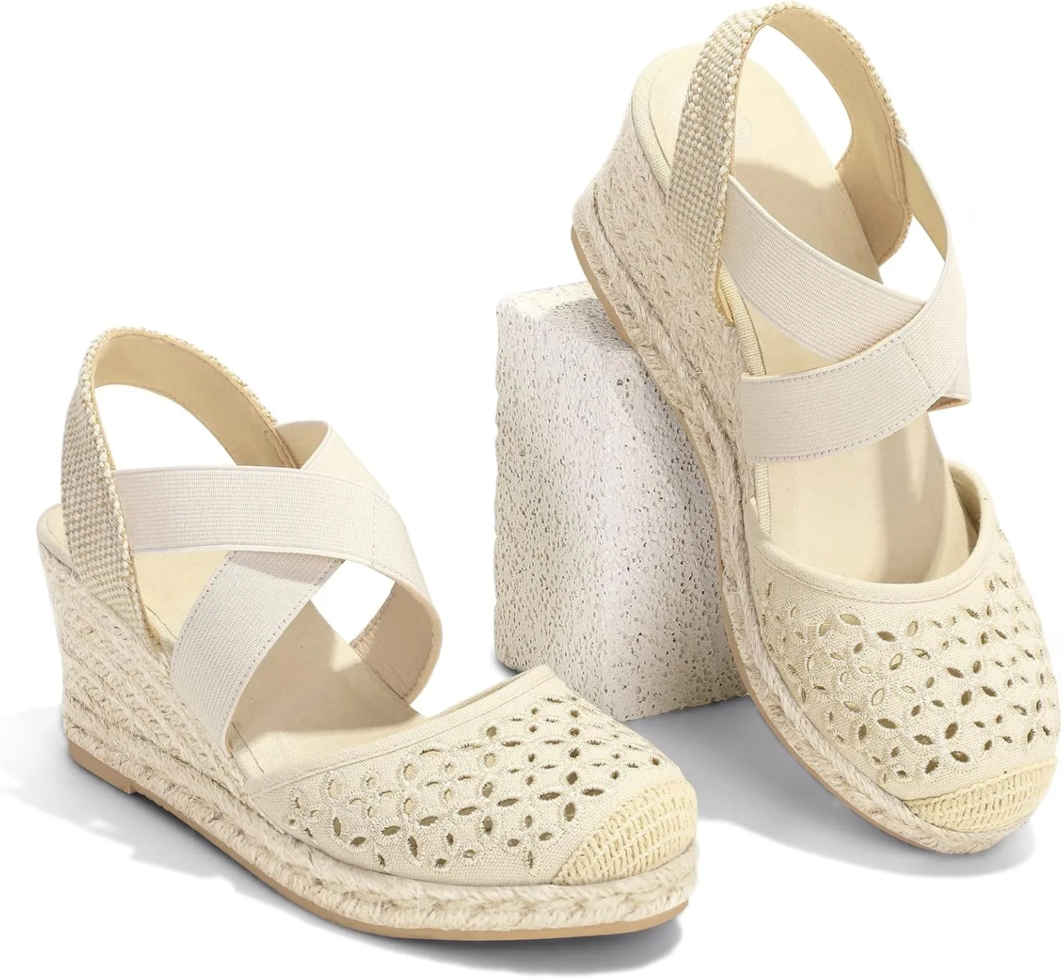 mysoft Women's Closed Toe Crisscross Elastic Ankle Strap Platform Espadrille Wedge Sandals