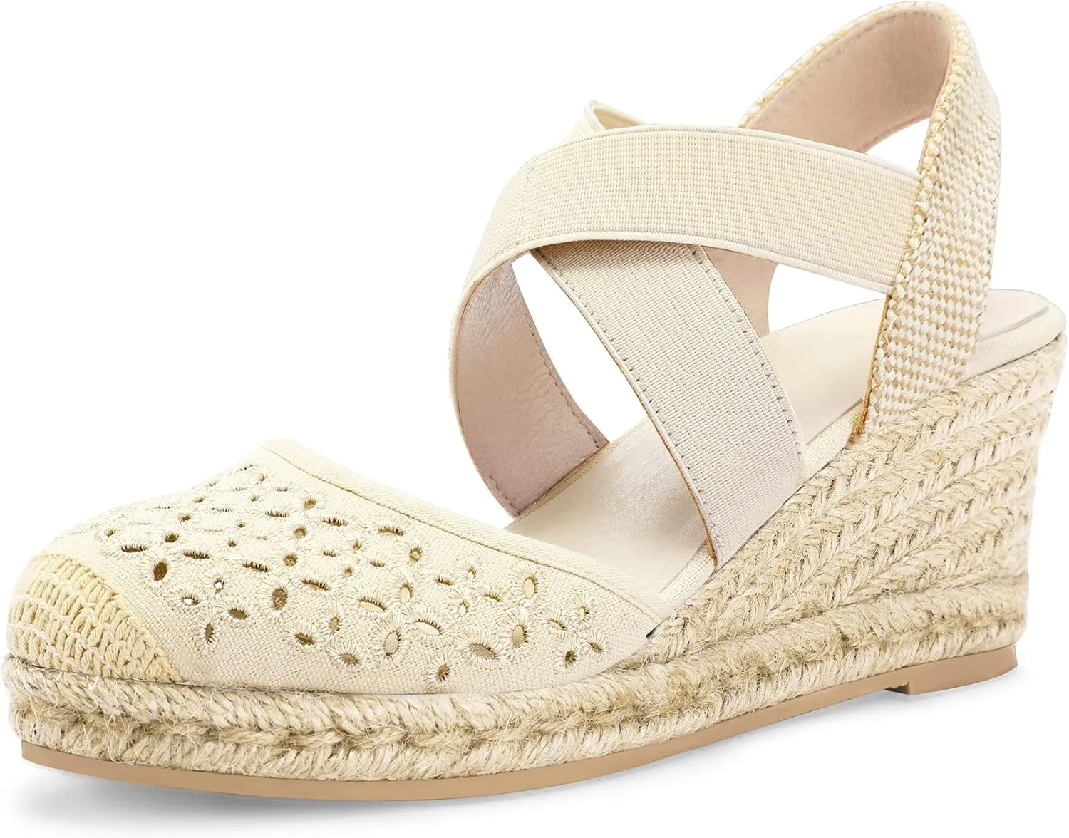 mysoft Women's Closed Toe Crisscross Elastic Ankle Strap Platform Espadrille Wedge Sandals