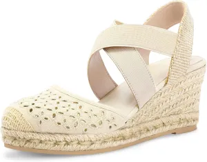 mysoft Women's Closed Toe Crisscross Elastic Ankle Strap Platform Espadrille Wedge Sandals