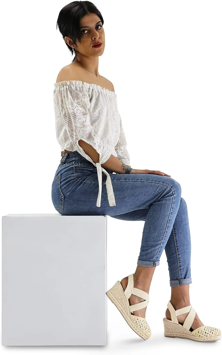 mysoft Women's Closed Toe Crisscross Elastic Ankle Strap Platform Espadrille Wedge Sandals
