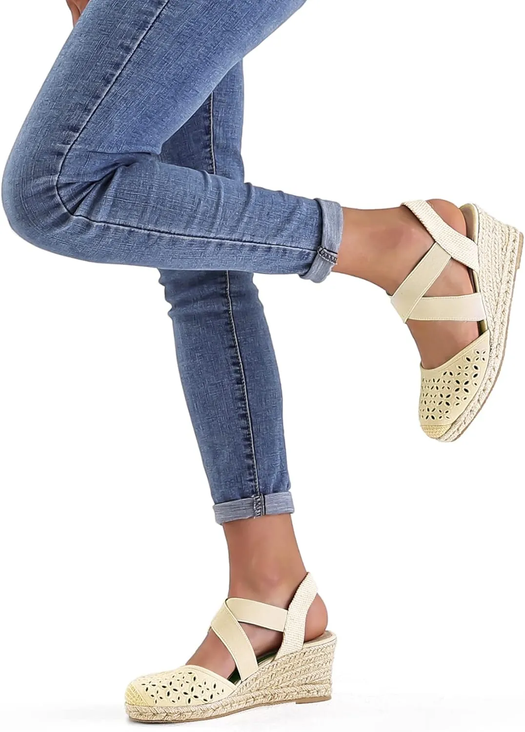 mysoft Women's Closed Toe Crisscross Elastic Ankle Strap Platform Espadrille Wedge Sandals