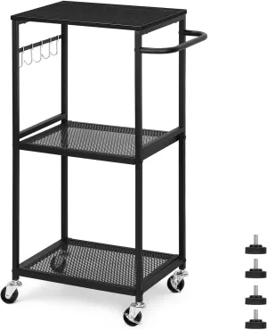 NANANARDOSO Rolling Cart, 3 Tier Utility Kitchen Cart on Wheels, Wooden Top and Metal Frame Rolling Storage Cart for Kitchen, Living Room, Laundry Room, Black.