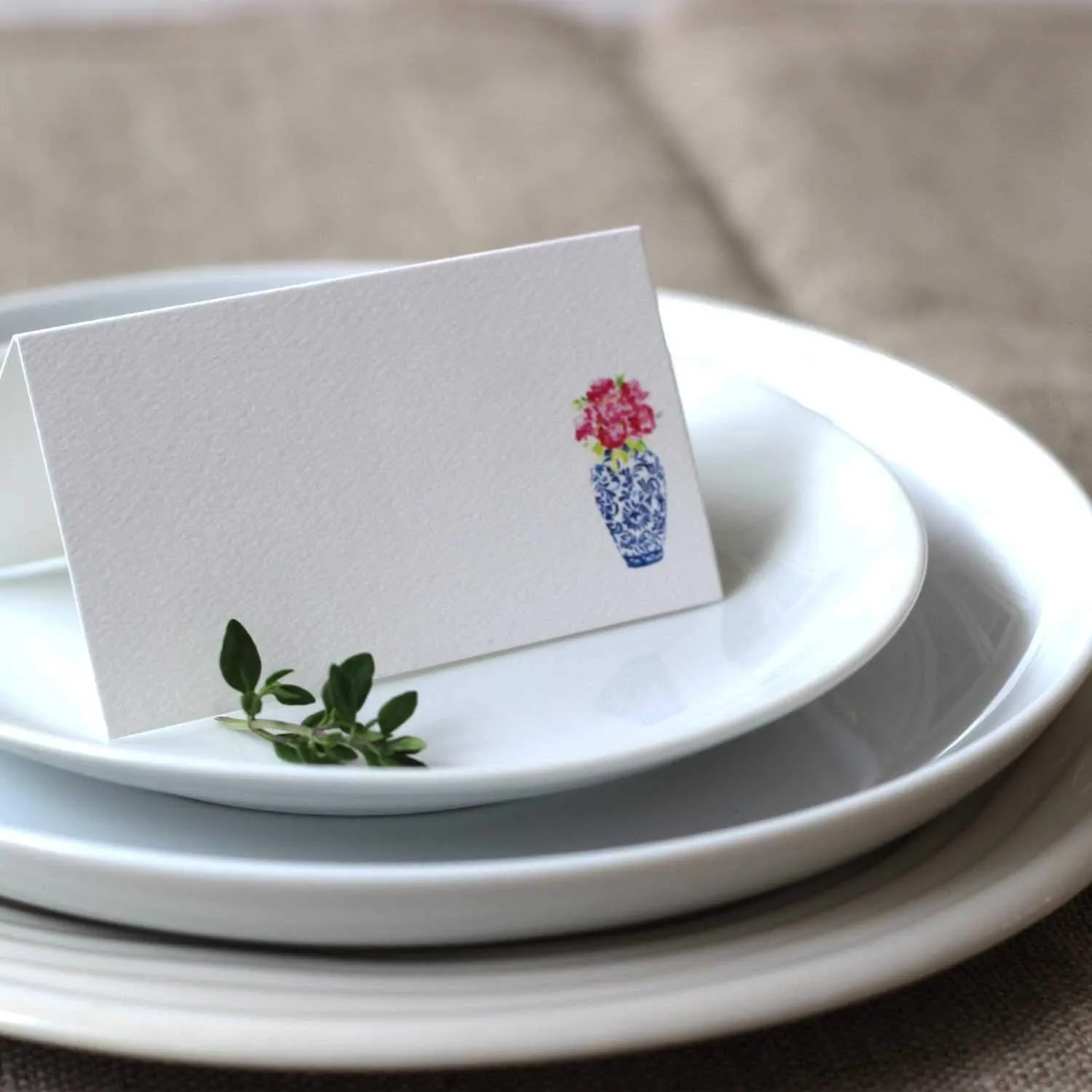 Nancy Nikko Place Cards with Blue and White Ginger Jar with Pink Flowers for Weddings, Showers, and Dinner Parties. Table Tent Style, Scored for Easy Folding. Available in Pkgs of 12/25 / 50 (25)