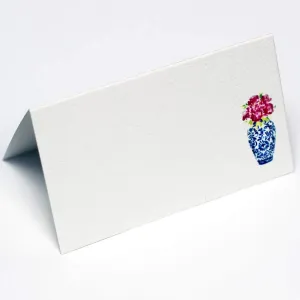 Nancy Nikko Place Cards with Blue and White Ginger Jar with Pink Flowers for Weddings, Showers, and Dinner Parties. Table Tent Style, Scored for Easy Folding. Available in Pkgs of 12/25 / 50 (25)