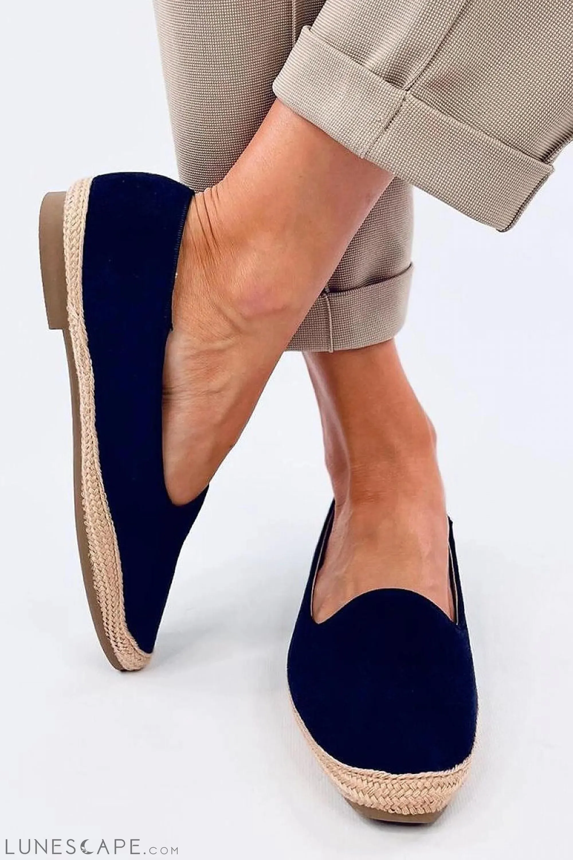 Navy Blue Almond-Toe Canvas Espadrille Flats