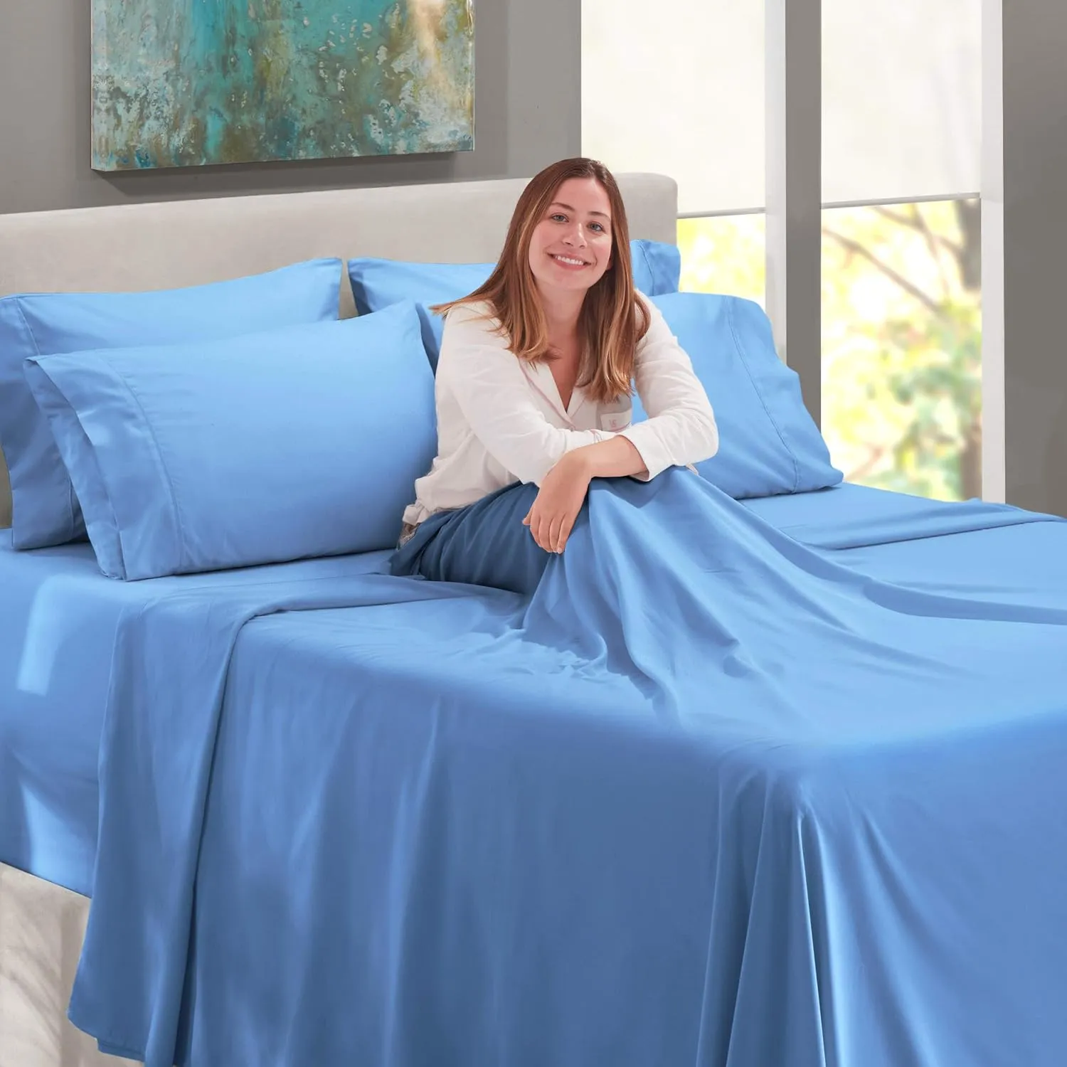 Nestl Extra Deep Queen Sheet Set - 6 Piece Breathable & Cooling Sheets - Hotel Luxury Bedding Set w/18-24 Inch Extra Deep Pockets - Easy & Secure Fit - Super Soft, Wrinkle Free & Comfy - Calm Blue