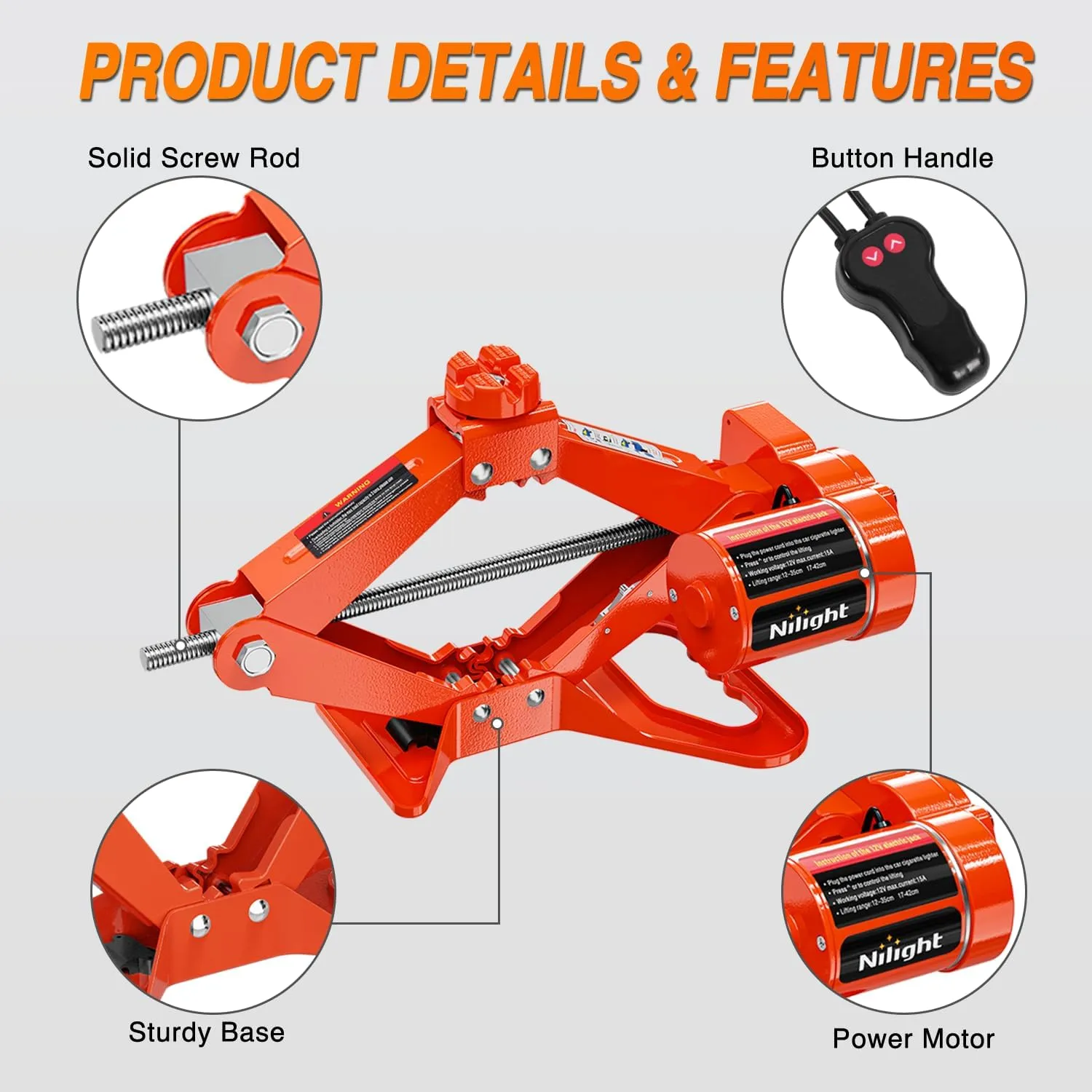 Nilight Electric Car Jack 3 Ton 6600LBS Floor Jack Kit Automatic 12V Electric Scissor Lift Jack Portable Repair Tool with Remote Control Double Jack Pads for Car Tire Change Replacement, Orange Red