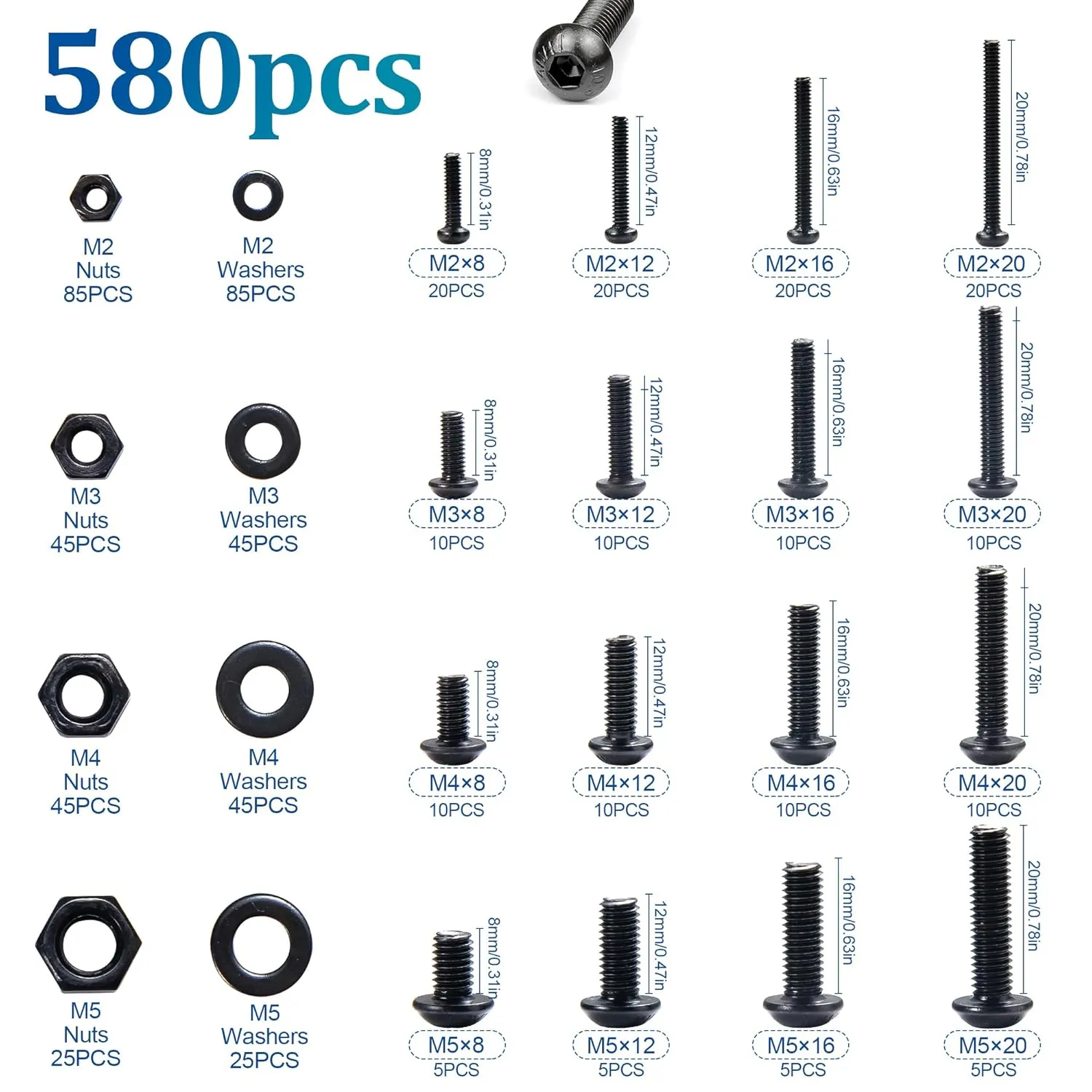 NINDEJIN 580pcs M2 M3 M4 M5 Hex Socket Cap Screws Set, 8 12 16 20mm Screw Bolts and Nuts Assortment Kit, 304 Stainless Steel Metric Hex Socket Screws and Nuts and Flat Wahser Set, Fully Machine Thread