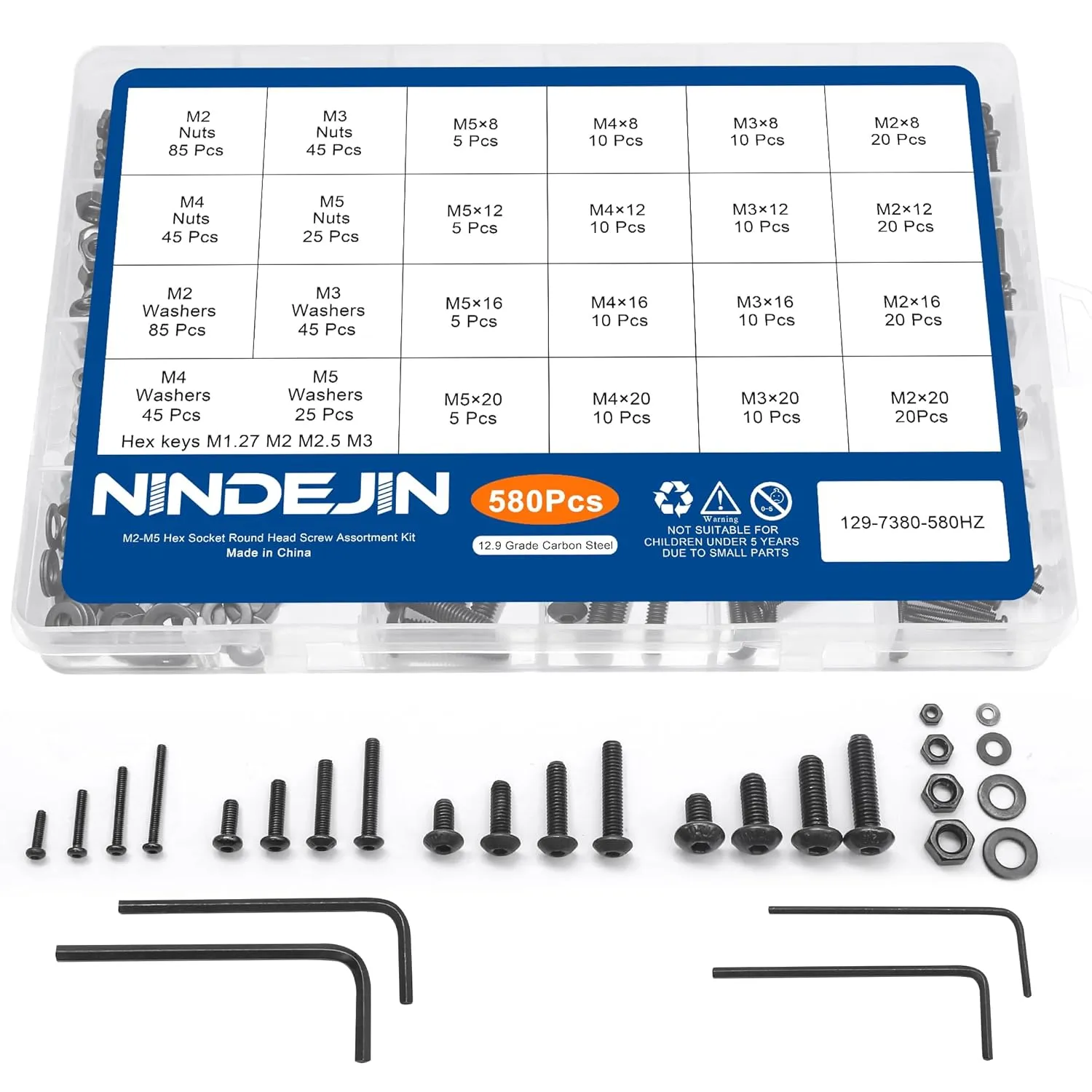 NINDEJIN 580pcs M2 M3 M4 M5 Hex Socket Cap Screws Set, 8 12 16 20mm Screw Bolts and Nuts Assortment Kit, 304 Stainless Steel Metric Hex Socket Screws and Nuts and Flat Wahser Set, Fully Machine Thread